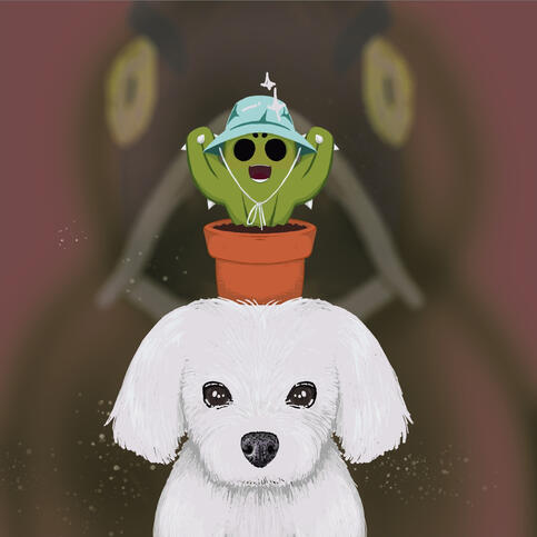 cactus character riding a white dog being chased by Frank fish behind them